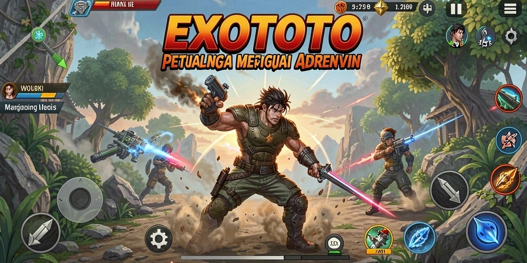Tampilan gameplay seru di EXOTOTO dengan aksi cepat dan variasi karakter.