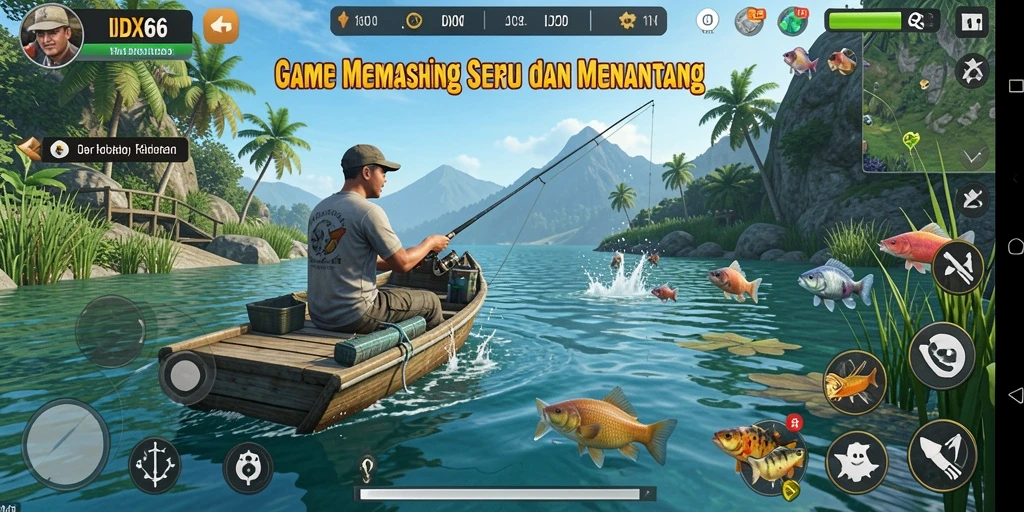 Tangkapan ikan yang besar dalam gameplay IDX66, menunjukkan aksi memancing.